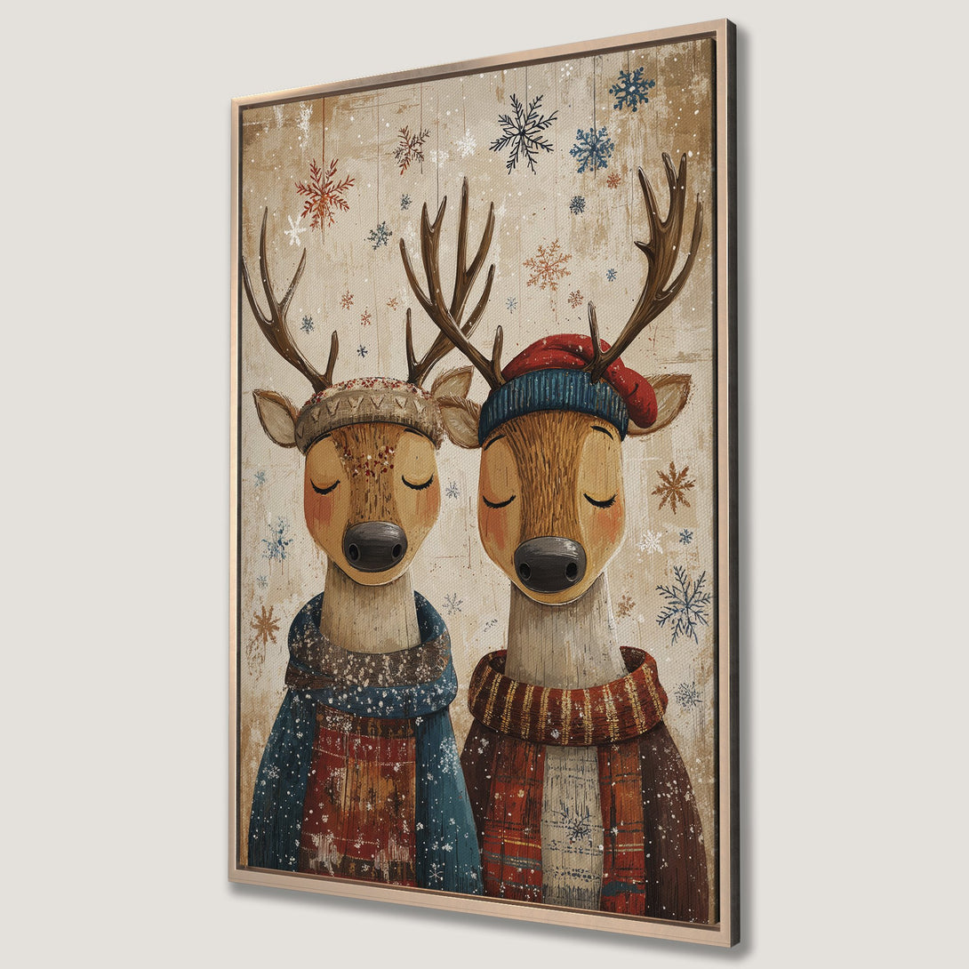 Framed Wall Art featuring two adorable deer in winter attire. Rustic style with warm, earthy tones and pops of blue and red. Perfect holiday decor!
