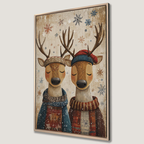 Framed Wall Art featuring two adorable deer in winter attire. Rustic style with warm, earthy tones and pops of blue and red. Perfect holiday decor!