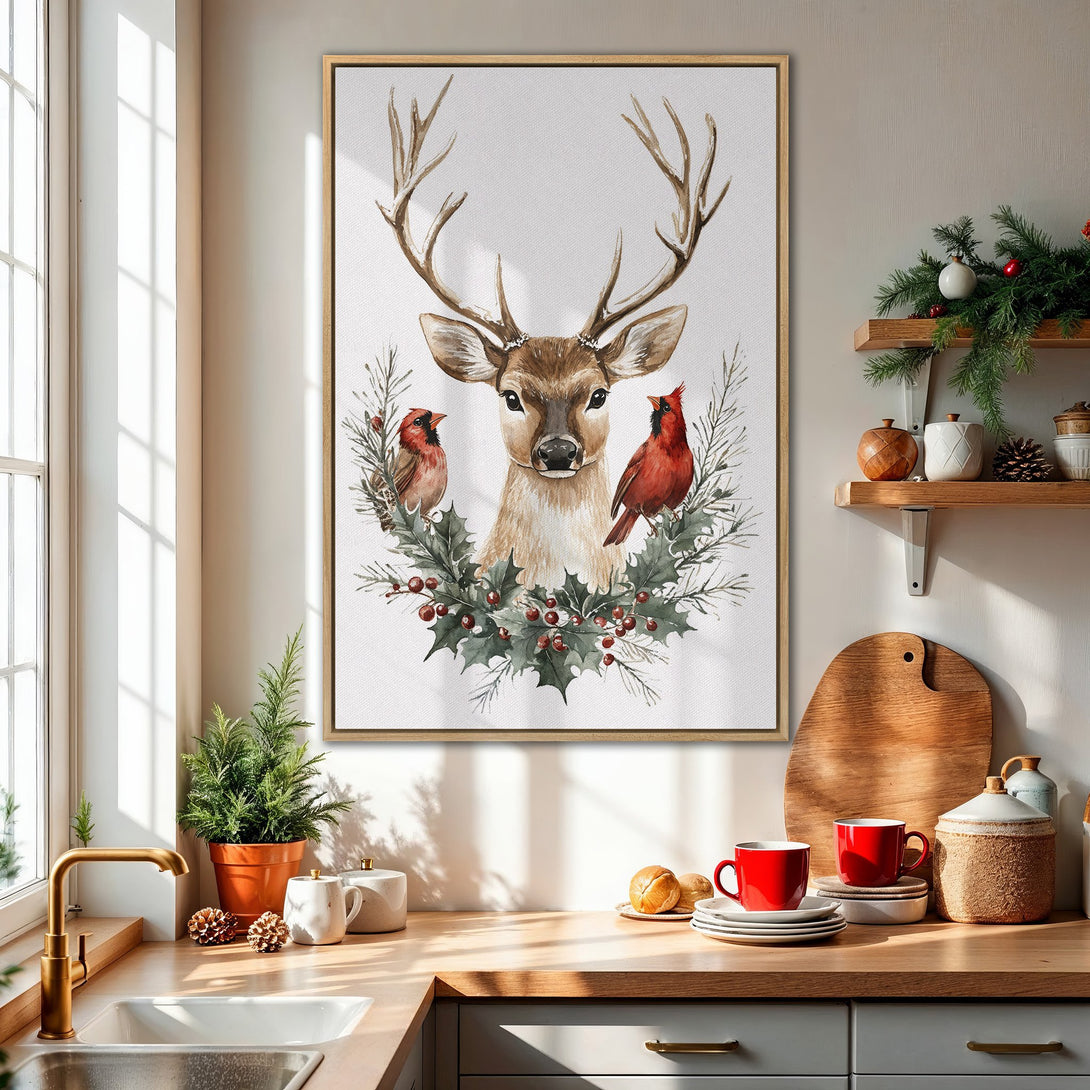 Framed Wall Art: Watercolor deer and cardinals. Rustic style with warm neutrals, green, and red accents. Perfect for holiday decor and cozy spaces.