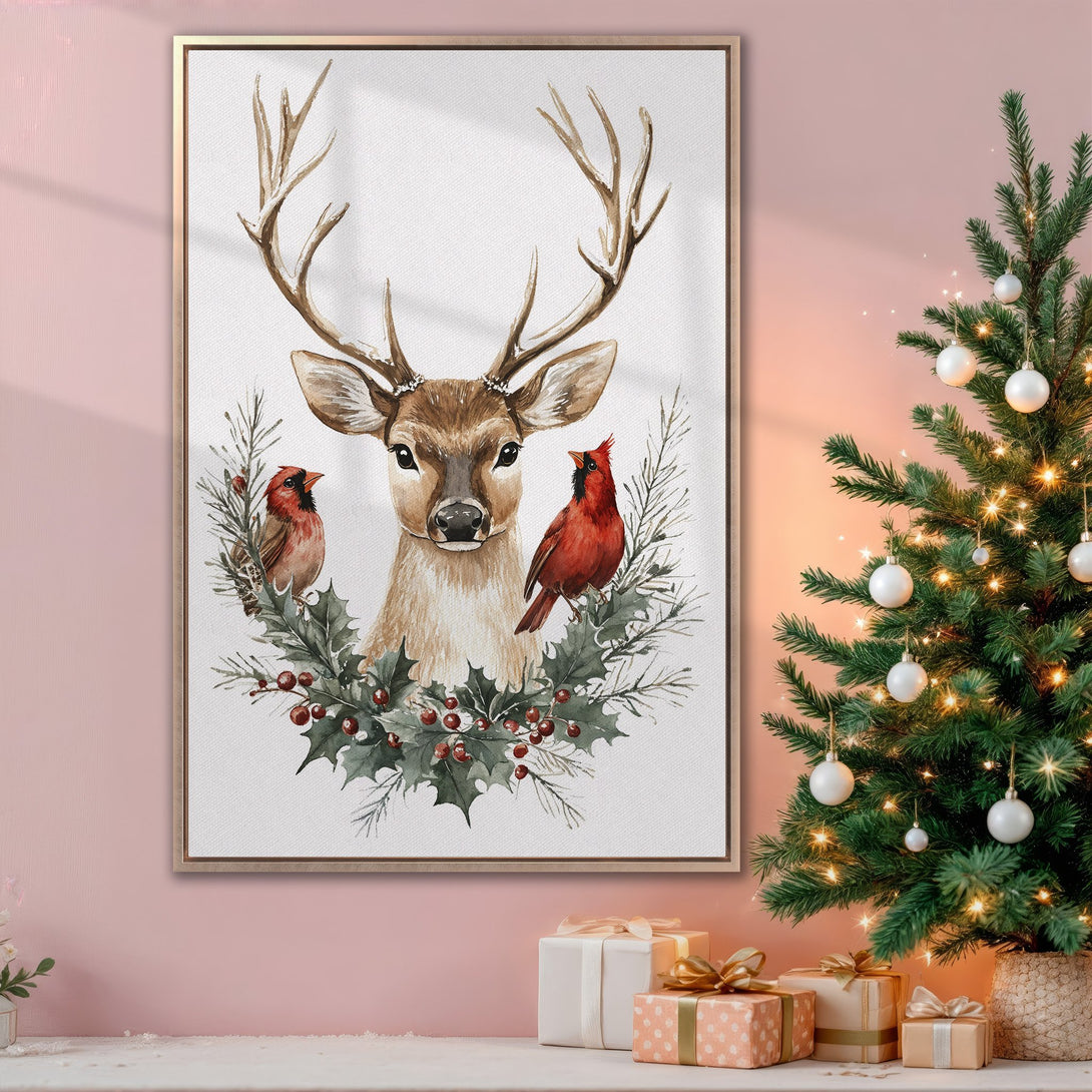 Framed Wall Art: Watercolor deer with cardinals, festive holiday decor. Warm, earthy tones with pops of red and green. Perfect Christmas gift!