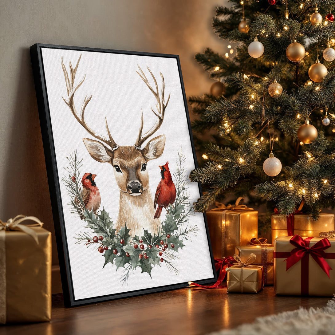 Framed Wall Art: Watercolor deer and cardinals with festive greenery. Warm, inviting color palette perfect for holiday decor. Bring the season home!