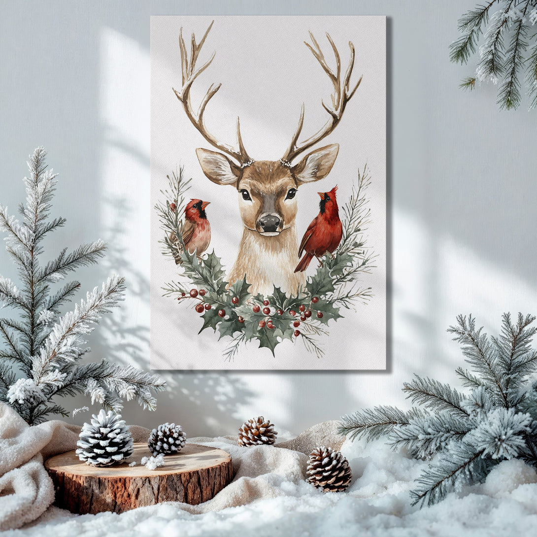 Framed Wall Art: Watercolor deer & cardinals, festive holiday decor. Earthy tones with pops of red, perfect for Christmas.