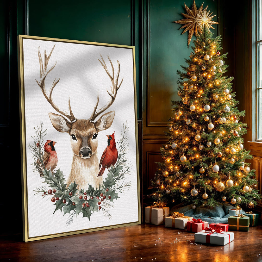 Watercolor Canvas Print of a deer with cardinals, winter holiday art in neutral tones. Perfect Christmas decor!