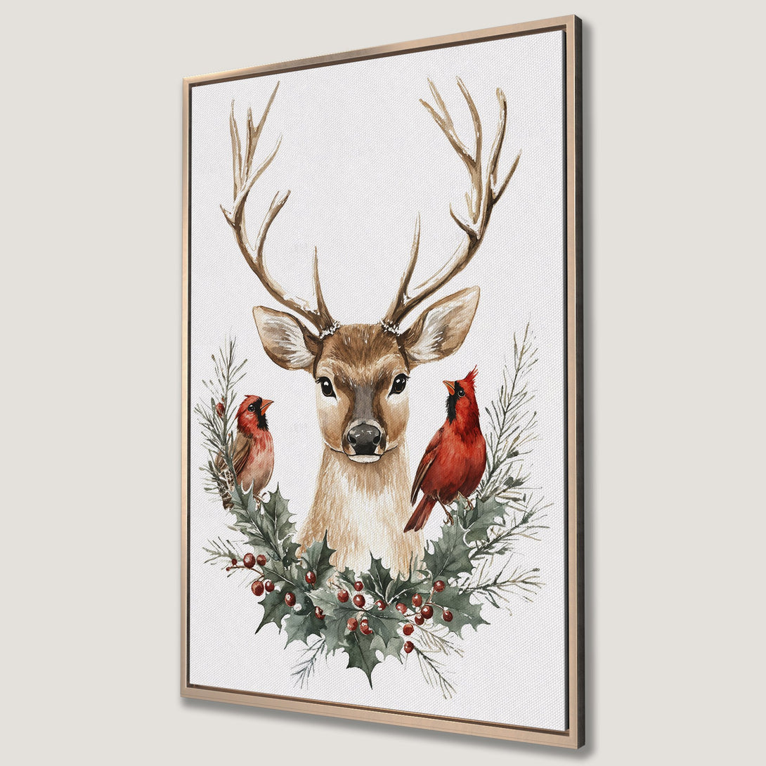 Framed Wall Art featuring a watercolor deer with cardinals, holly, and a warm, neutral color palette. Perfect for rustic or farmhouse decor.