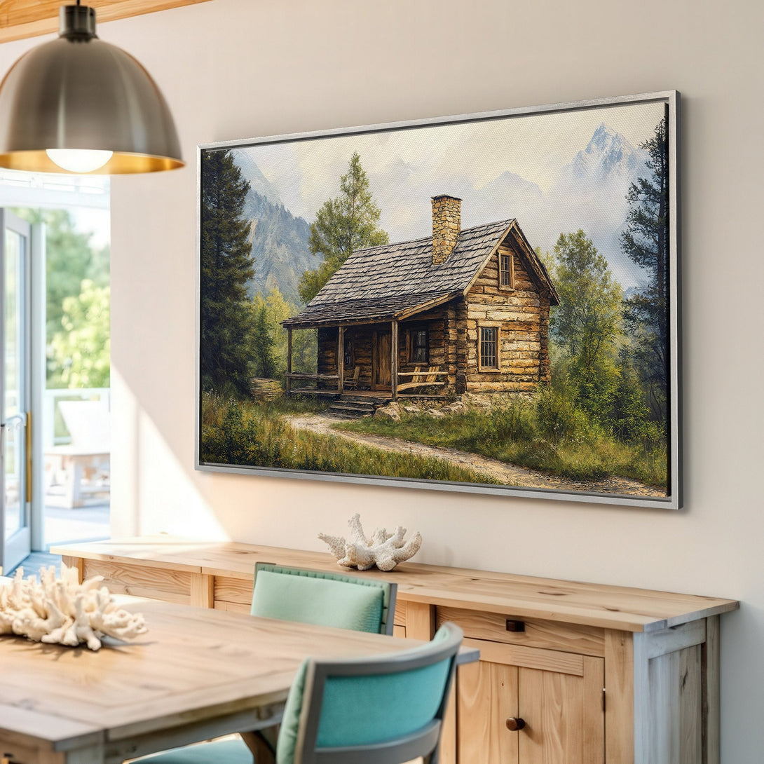Framed Wall Art: Rustic cabin scene in warm, natural tones. Bring the outdoors in with this beautiful canvas print, perfect for any space!