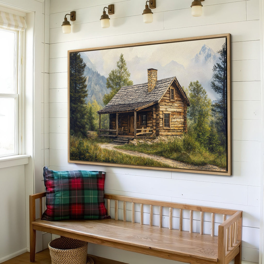 Framed Wall Art of a rustic cabin in a mountain landscape. Warm, earthy tones create a cozy feel. Perfect for adding a touch of nature to your home.