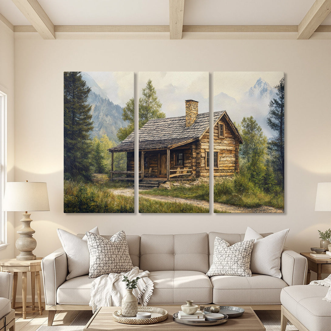 Canvas Print of a rustic cabin in a serene mountain landscape. Warm, earthy tones create a cozy, inviting aesthetic for your home.