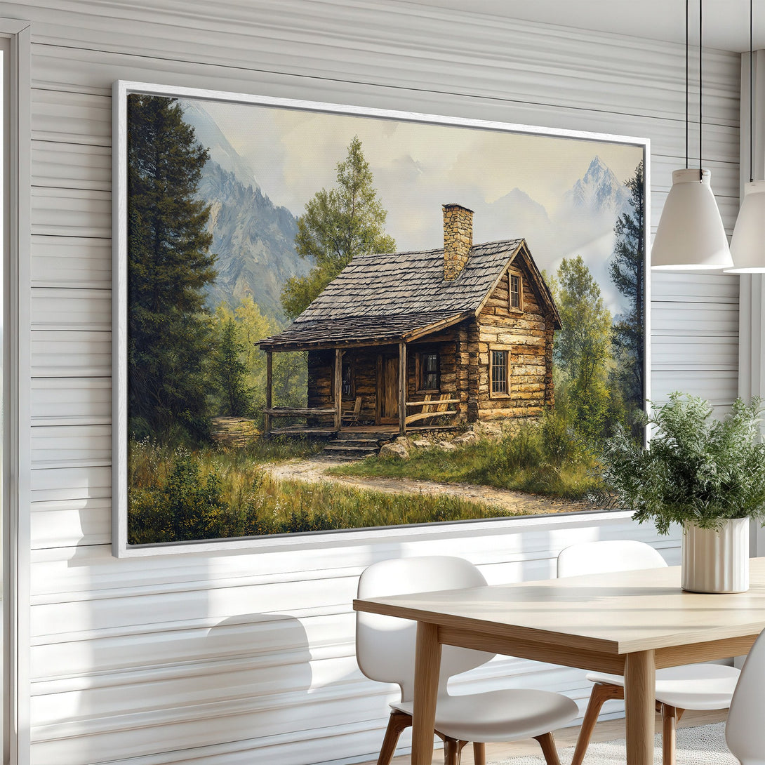 Framed Wall Art: Rustic cabin painting with a warm, earthy color palette. Perfect for cozy home decor. Bring the outdoors in!