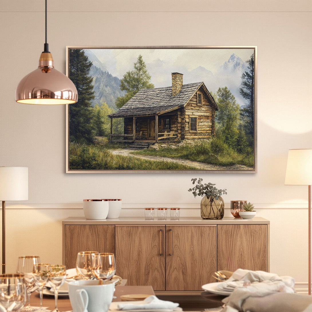 Framed Wall Art featuring a rustic cabin in a serene landscape. Earth-toned Canvas Print adds warmth and nature to any room.