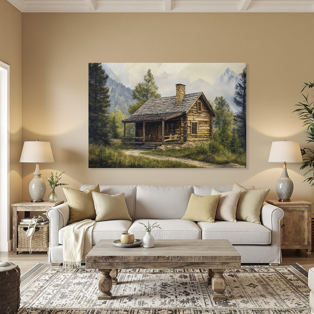 Framed Wall Art of a rustic cabin in a mountain landscape, featuring a warm, earthy color palette. Perfect for adding a cozy touch to any room.