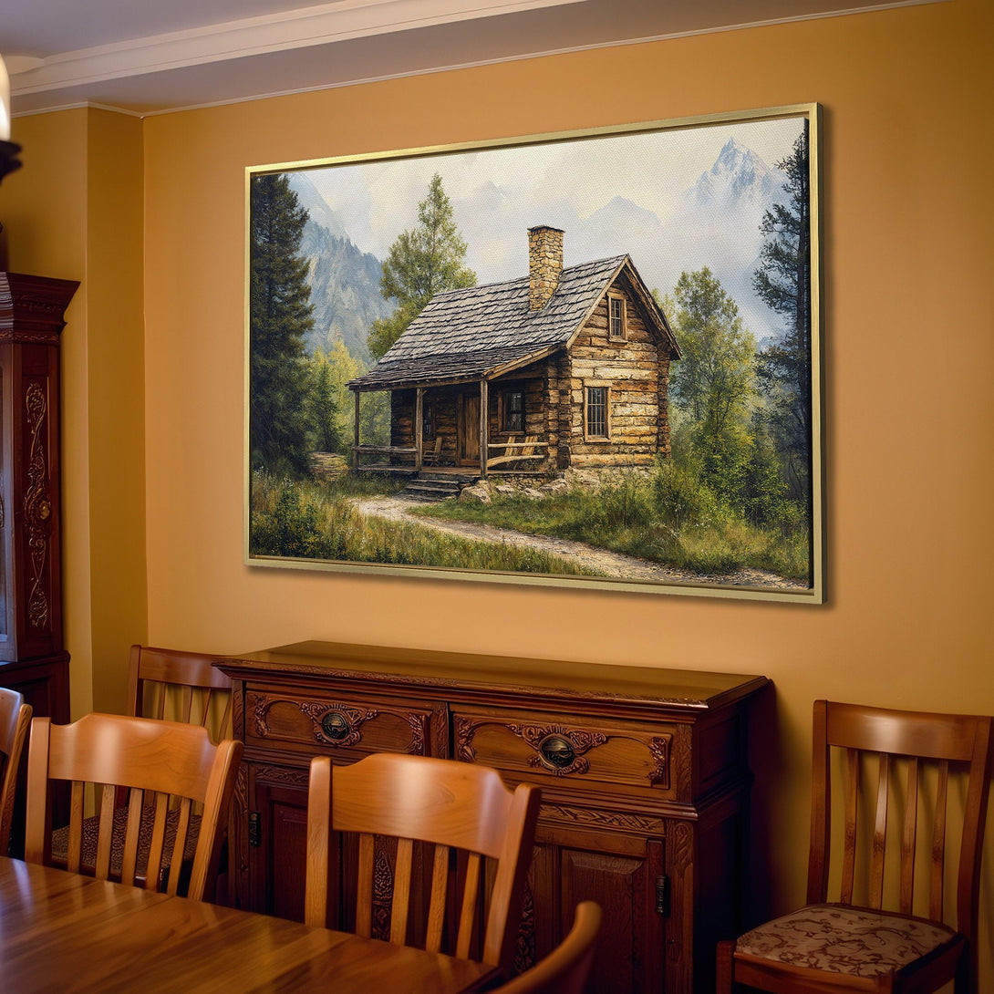 Canvas Print of a rustic cabin in a serene forest scene, with a warm, earthy color palette. Perfect for adding a touch of nature to your home.