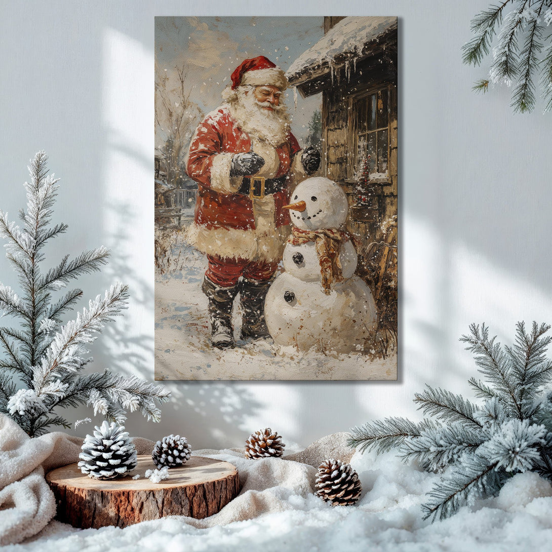 Framed Wall Art: Santa Claus and snowman in a winter scene, warm color palette. Perfect Christmas decor for a cozy home.