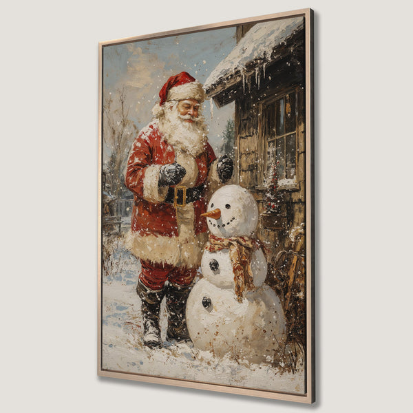 Framed Wall Art: Santa & snowman in a winter scene. Vintage style canvas print with a warm red & neutral color palette. Perfect holiday decor.