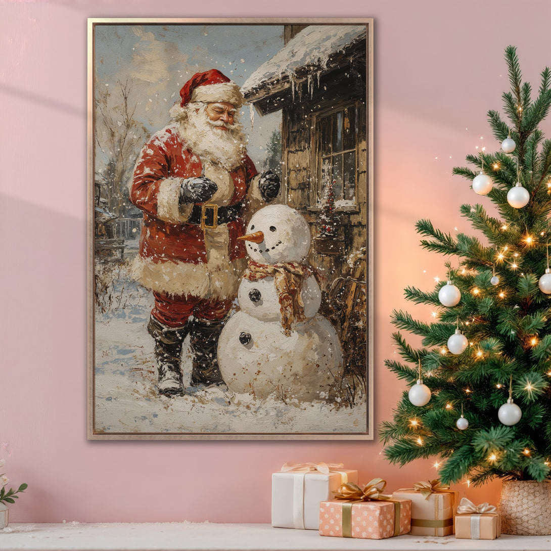 Framed Wall Art: Vintage Santa Claus painting in a warm, inviting style. Festive red, white, and brown color palette. Perfect Christmas decor!