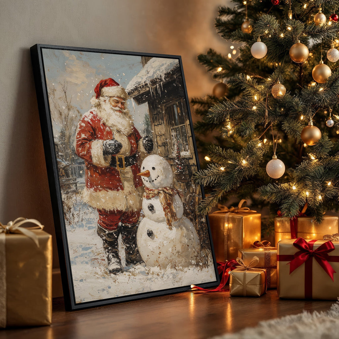 Framed Wall Art featuring Santa Claus and a snowman in a winter scene, painted in a warm, vintage style with a festive red and gold color palette.