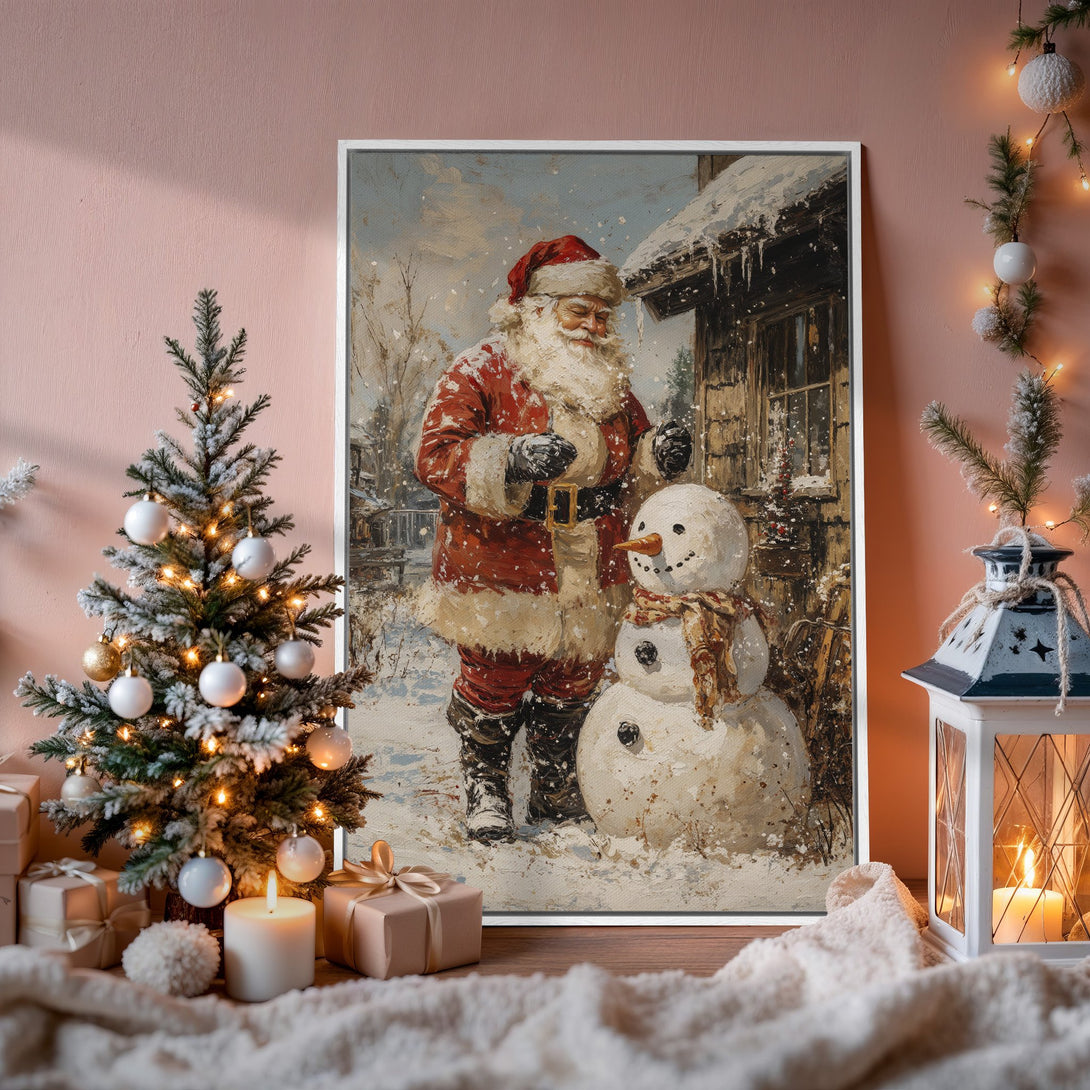 Framed Wall Art: Santa Claus & snowman painting in warm reds & whites. Perfect Christmas decor! Add cozy charm to your home with this beautiful canvas print.