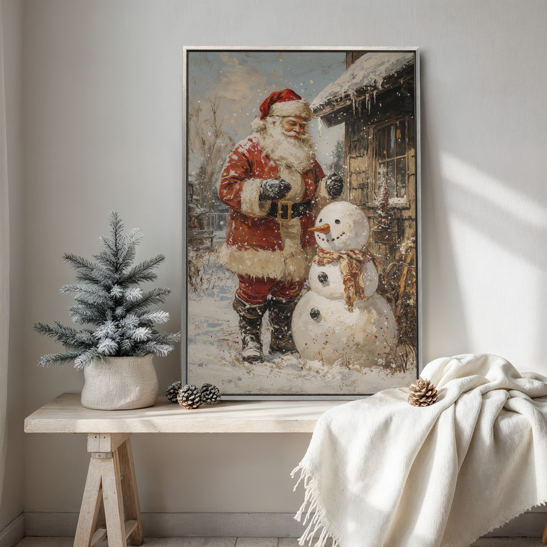 Framed Wall Art: Vintage Christmas scene with Santa and snowman in a snowy landscape. Warm red, white, and neutral tones create a cozy holiday vibe.