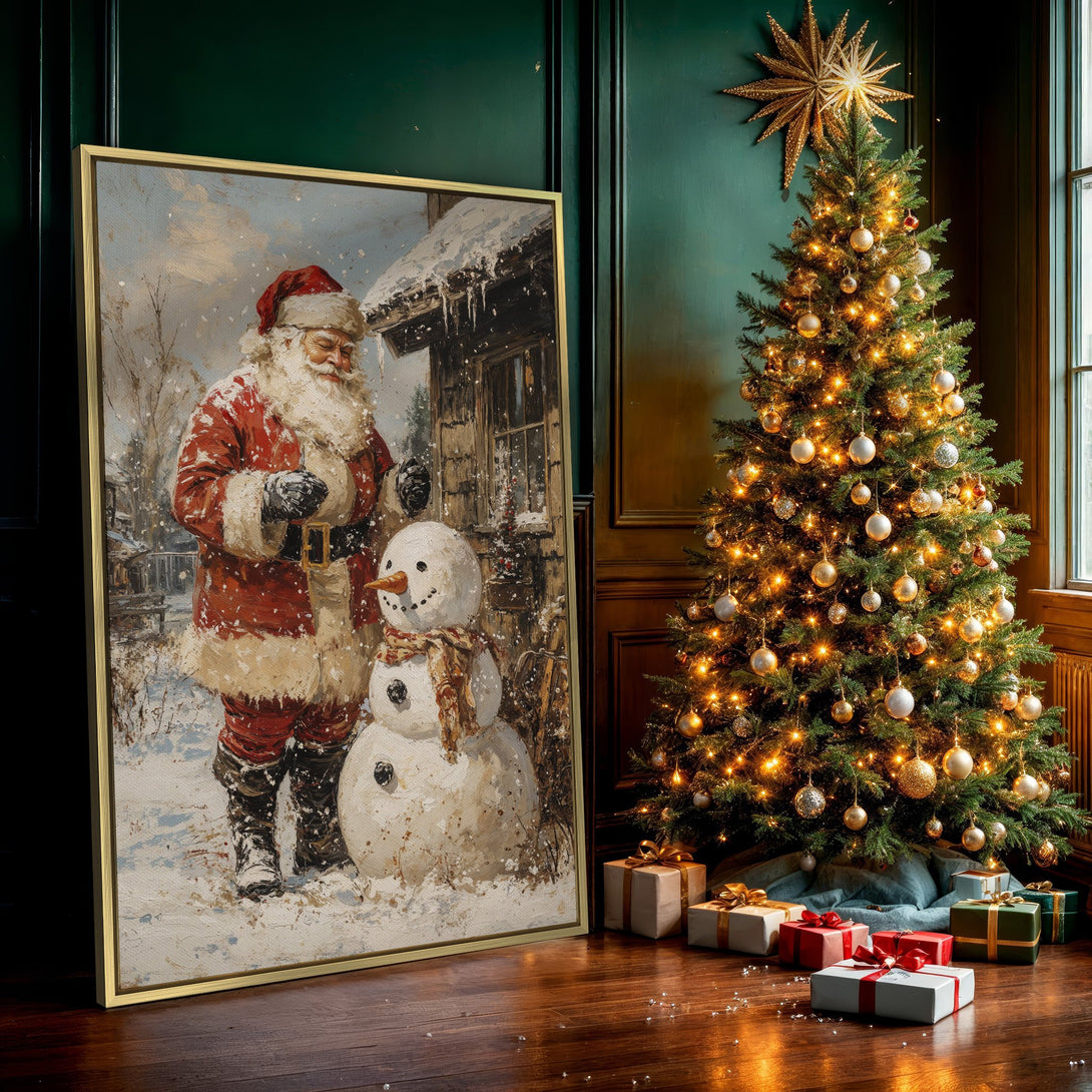 Canvas Print featuring Santa Claus and a snowman in a winter scene, painted in a vintage style with a warm, festive color palette.