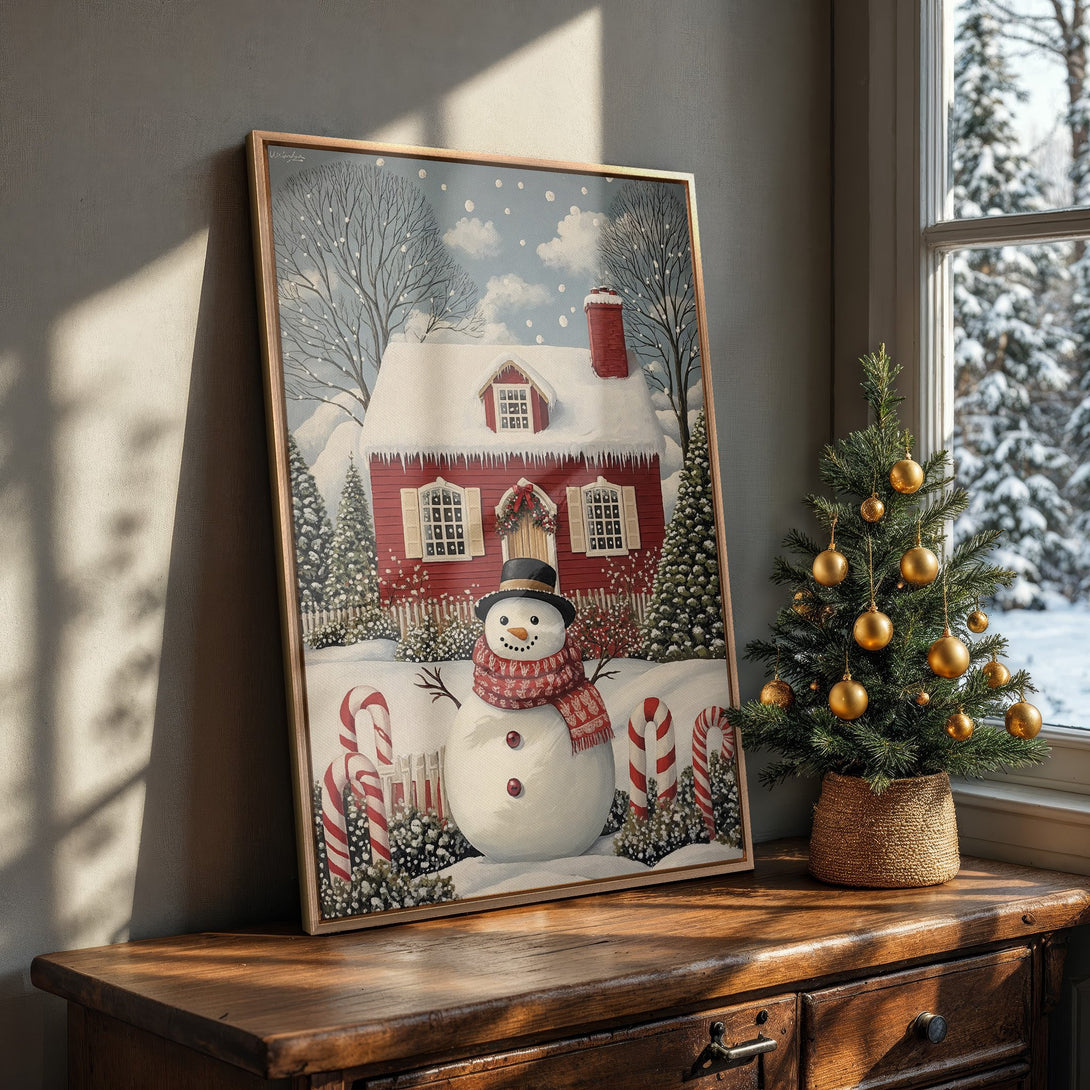 Framed Wall Art featuring a charming winter scene with a snowman and red house. Warm, inviting color palette perfect for holiday decor. Add festive cheer to your home!