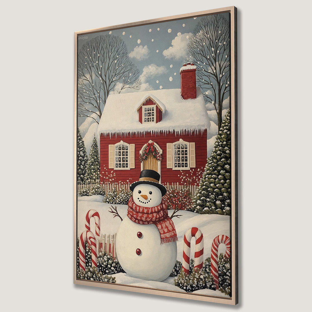 Framed Wall Art: Charming winter scene with snowman & red house. Cozy, traditional style with a red, white, and blue color palette. Perfect for holiday decor.