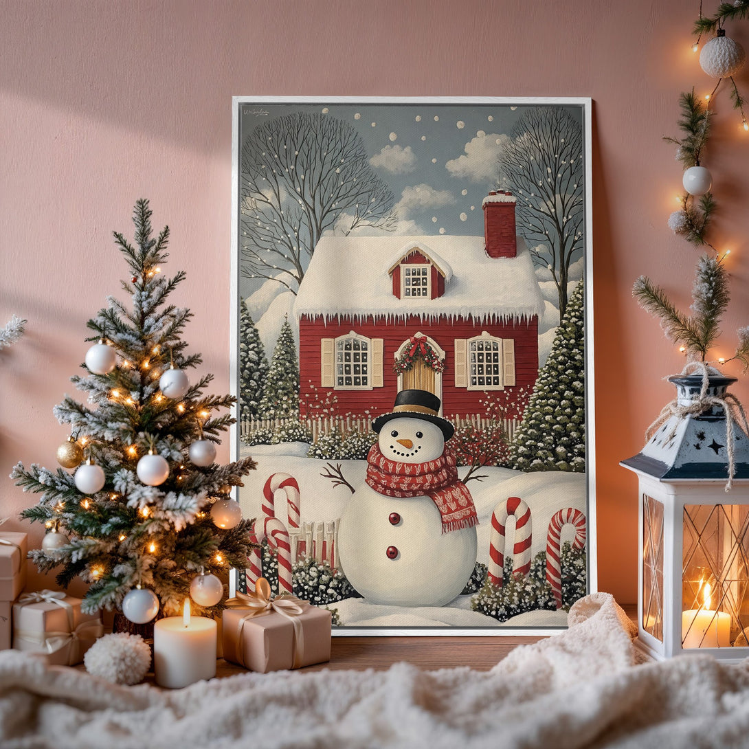 Framed Wall Art: Winter scene with a snowman and red house, perfect for holiday decor. Features a cozy, whimsical style with a warm red and white color palette.