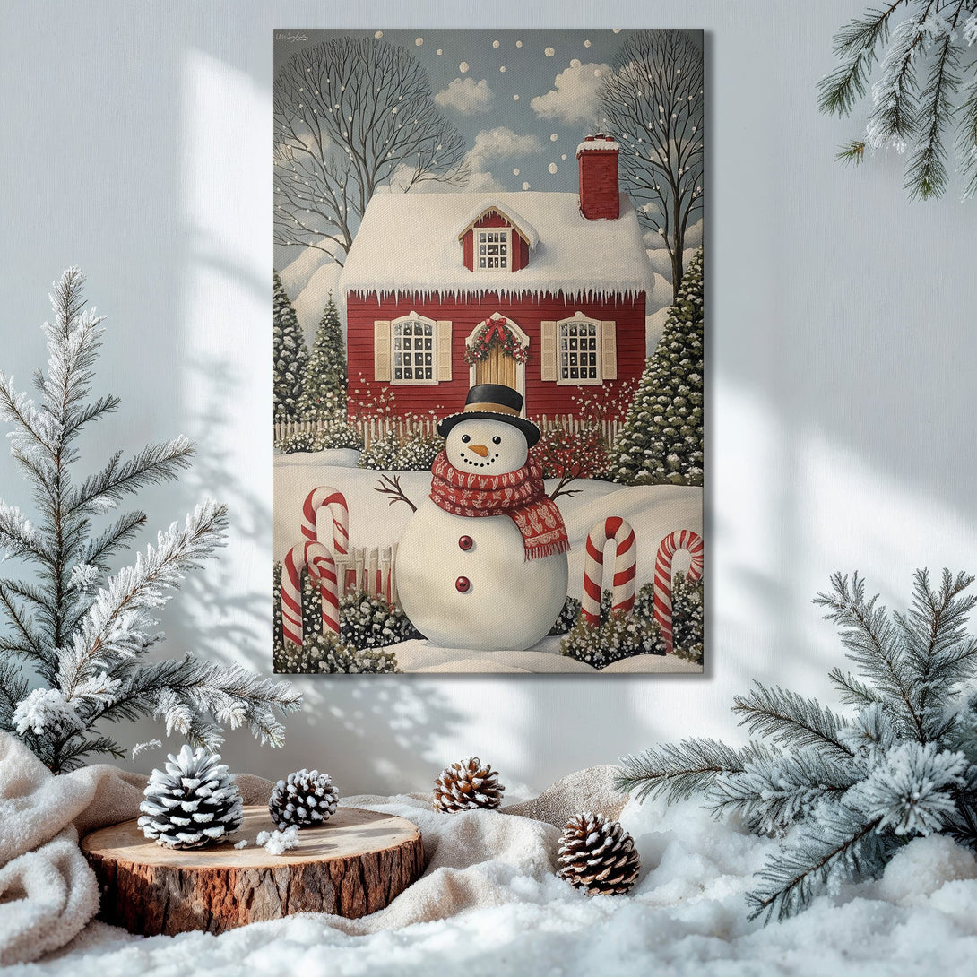 Framed Wall Art: Cozy winter scene with snowman & red house. Festive Christmas decor with a warm, inviting color palette. Perfect holiday gift!
