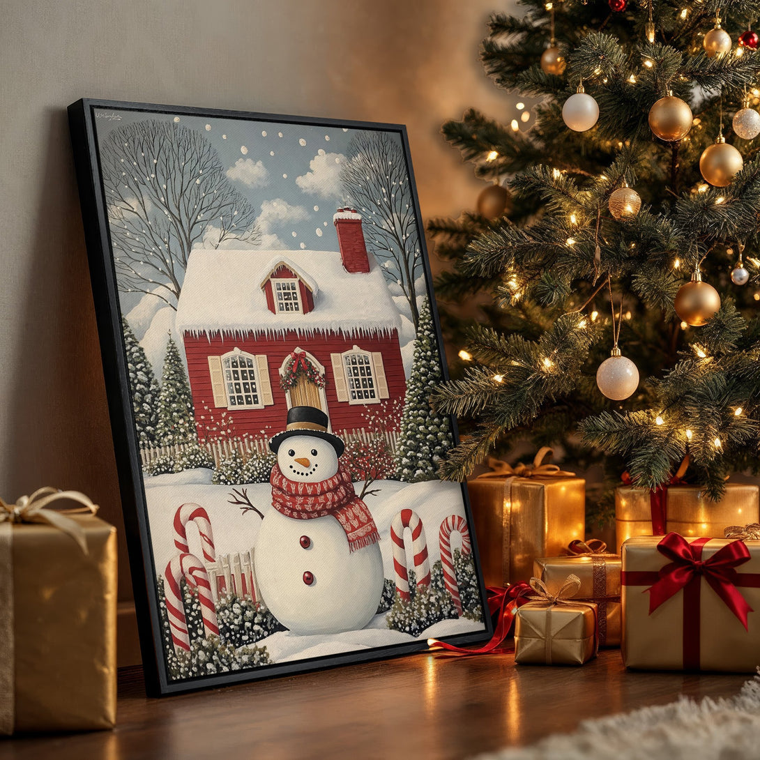 Framed Wall Art: Cozy winter scene with snowman & red house. Charming, vintage style, warm red & white palette. Perfect Christmas decor!