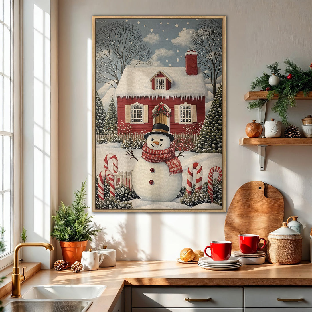 Framed Wall Art: Festive winter scene canvas print featuring a snowman & red house. Cozy, whimsical style with red, white, and blue color palette. Perfect holiday decor!