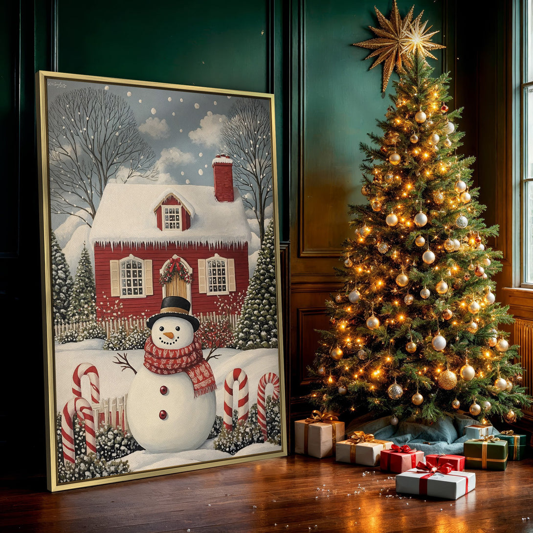 Canvas Print featuring a charming winter scene with a snowman, red house, and candy canes. Festive art with a cozy, warm color palette.
