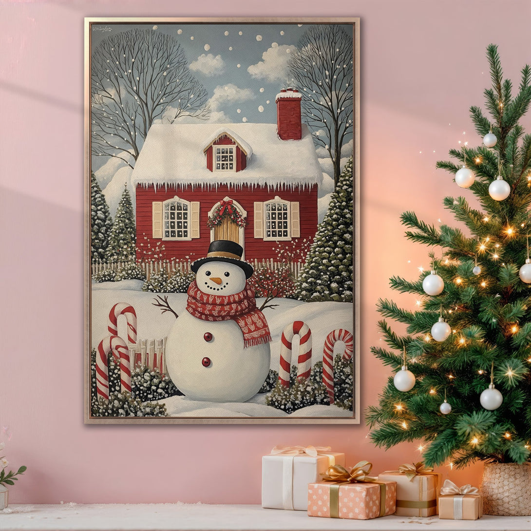 Framed Wall Art: Charming winter scene with snowman and red house. Festive holiday art with a warm, inviting color palette. Perfect Christmas decor.