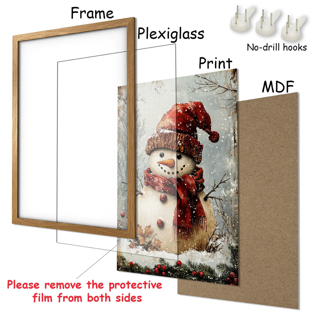 Framed Poster featuring a snowman in a winter scene. Rustic style with red, white, and brown color palette. Perfect holiday decor.