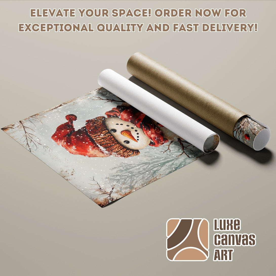 Winter snowman art poster roll. Watercolor style, red & blue palette. Elevate your space! Order now!