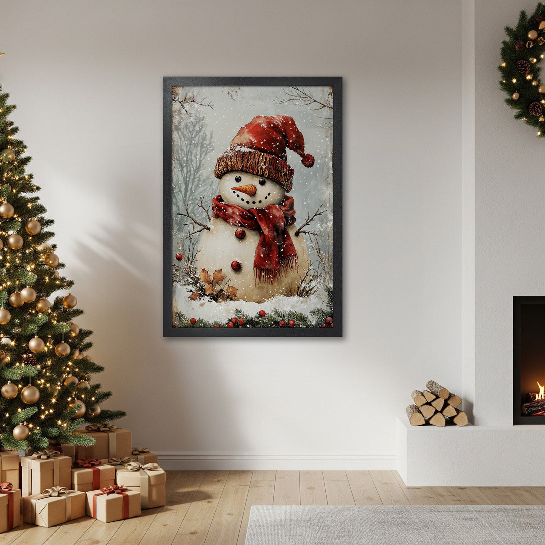 Framed Poster featuring a charming snowman in a winter scene. Rustic style, red and neutral color palette. Perfect Christmas decor!