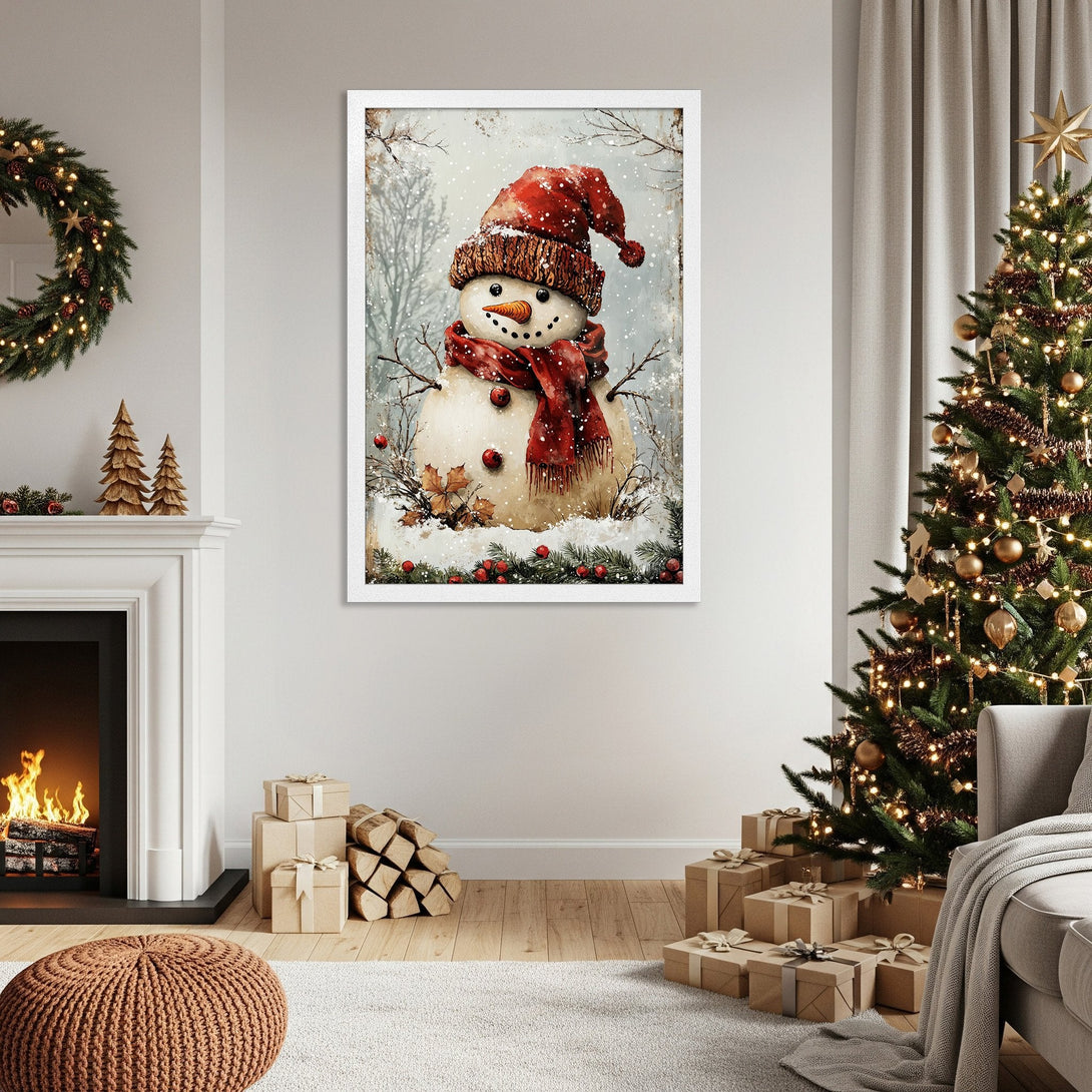 Framed Poster featuring a snowman in a winter scene. Rustic style with a warm red and neutral color palette, perfect for holiday decor.