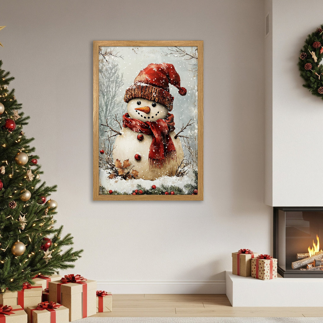 Framed Poster featuring a watercolor snowman in a winter scene. Festive red and neutral color palette, perfect Christmas decor.