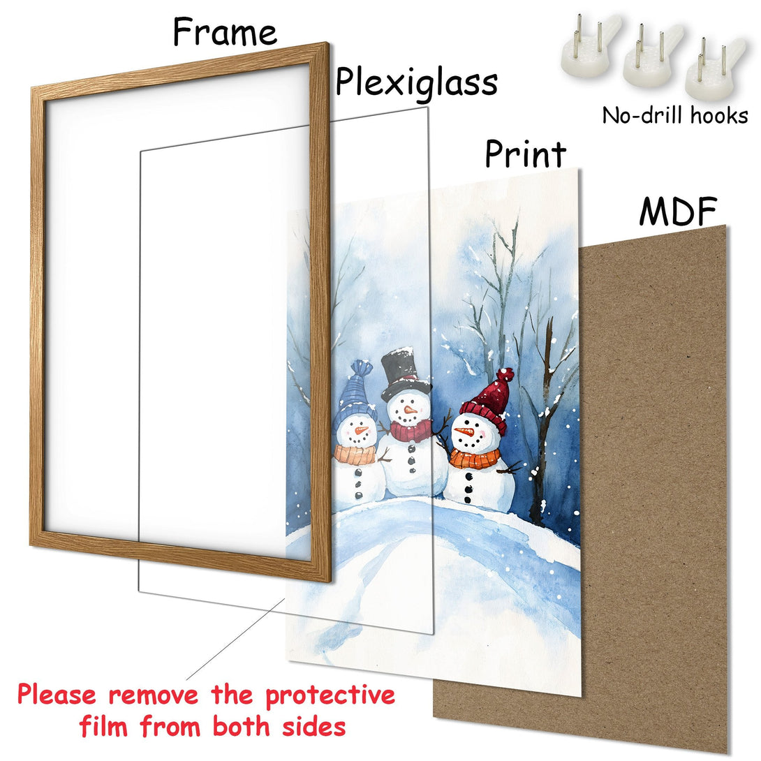 Framed Poster featuring watercolor snowmen in a winter scene. Soft blue and white color palette, perfect for holiday decor. Ready to hang!
