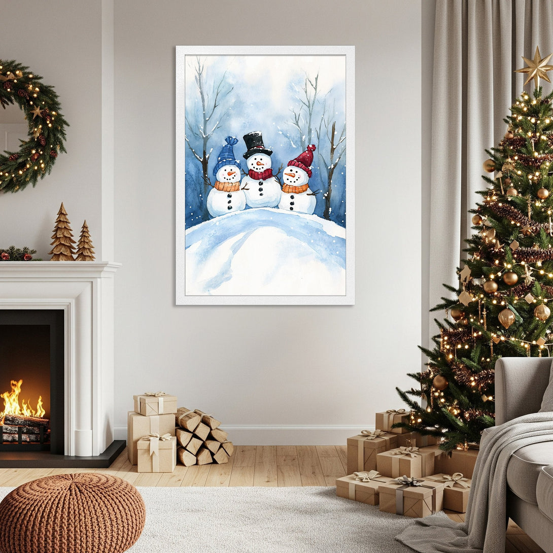 Framed Poster featuring watercolor snowmen in a winter scene. Blue and white color palette, perfect for Christmas decor.