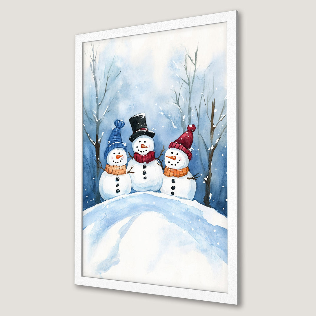 Framed Poster featuring watercolor snowmen in a winter scene. Charming art with a blue, white, and red color palette. Perfect holiday decor!