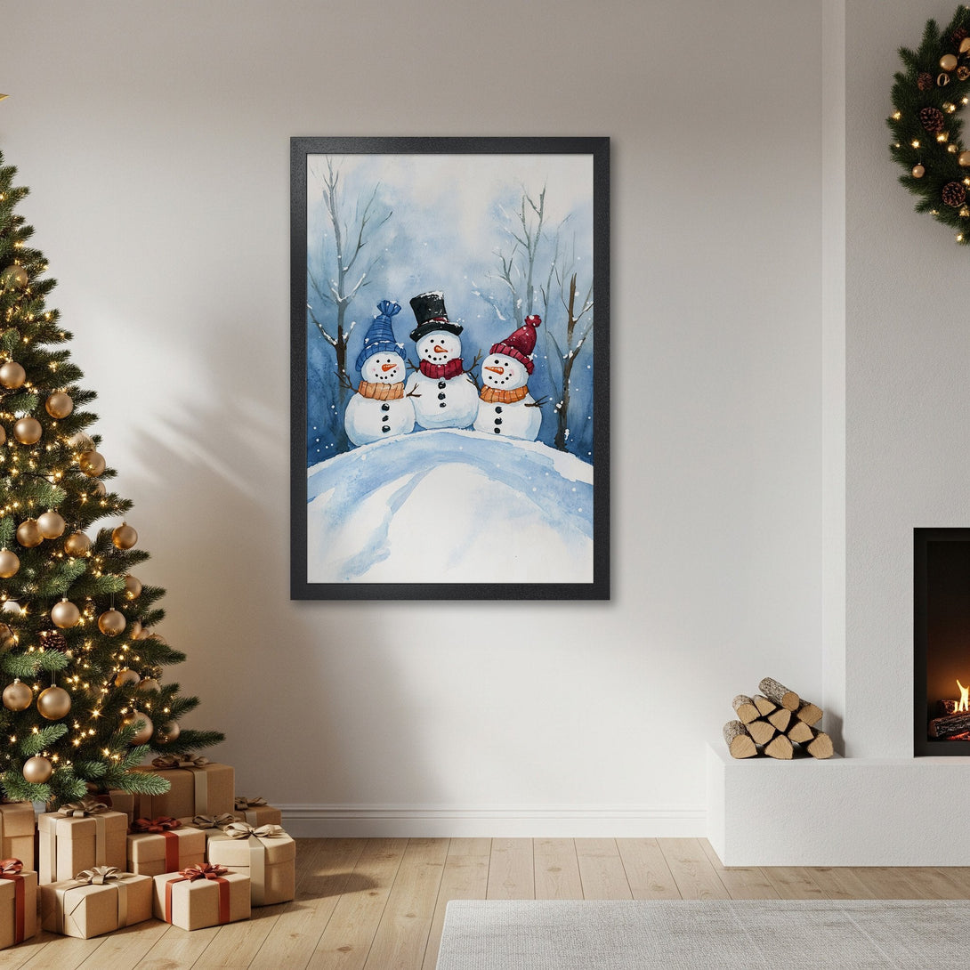 Framed Poster featuring a watercolor painting of three snowmen in a winter scene. Blue and white color palette, perfect for Christmas decor.