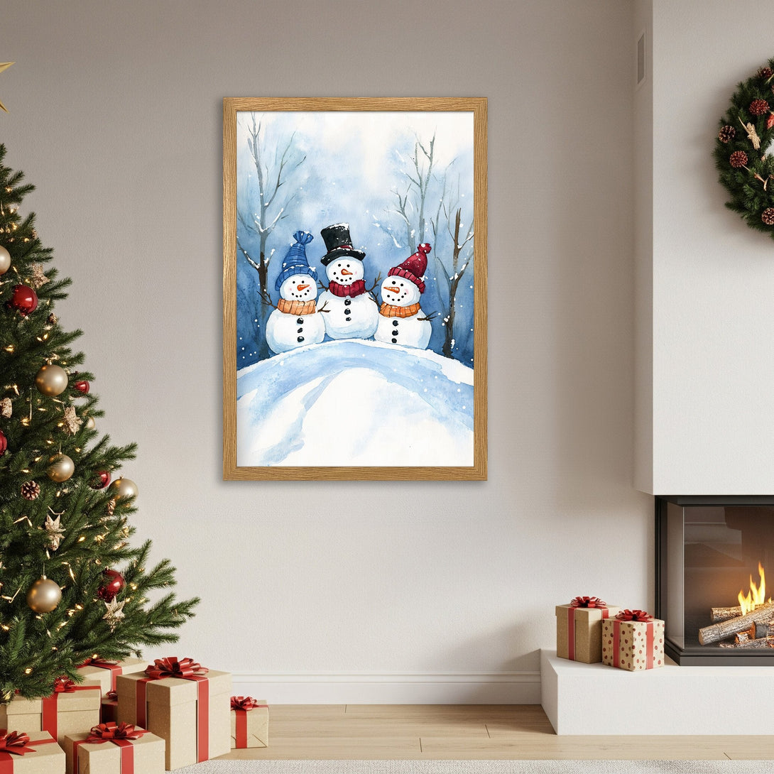 Framed Poster featuring watercolor snowmen in a winter scene. Blue, white, and red color palette. Perfect Christmas decor!