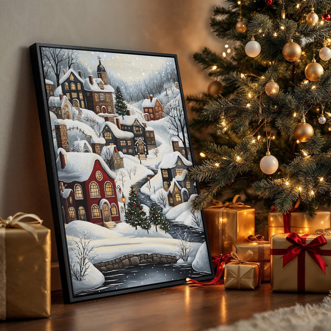 Framed Wall Art: Winter village scene in a cozy, painterly style. Featuring a snowy landscape with red & black houses, warm lighting, and a cool color palette. Perfect holiday decor.