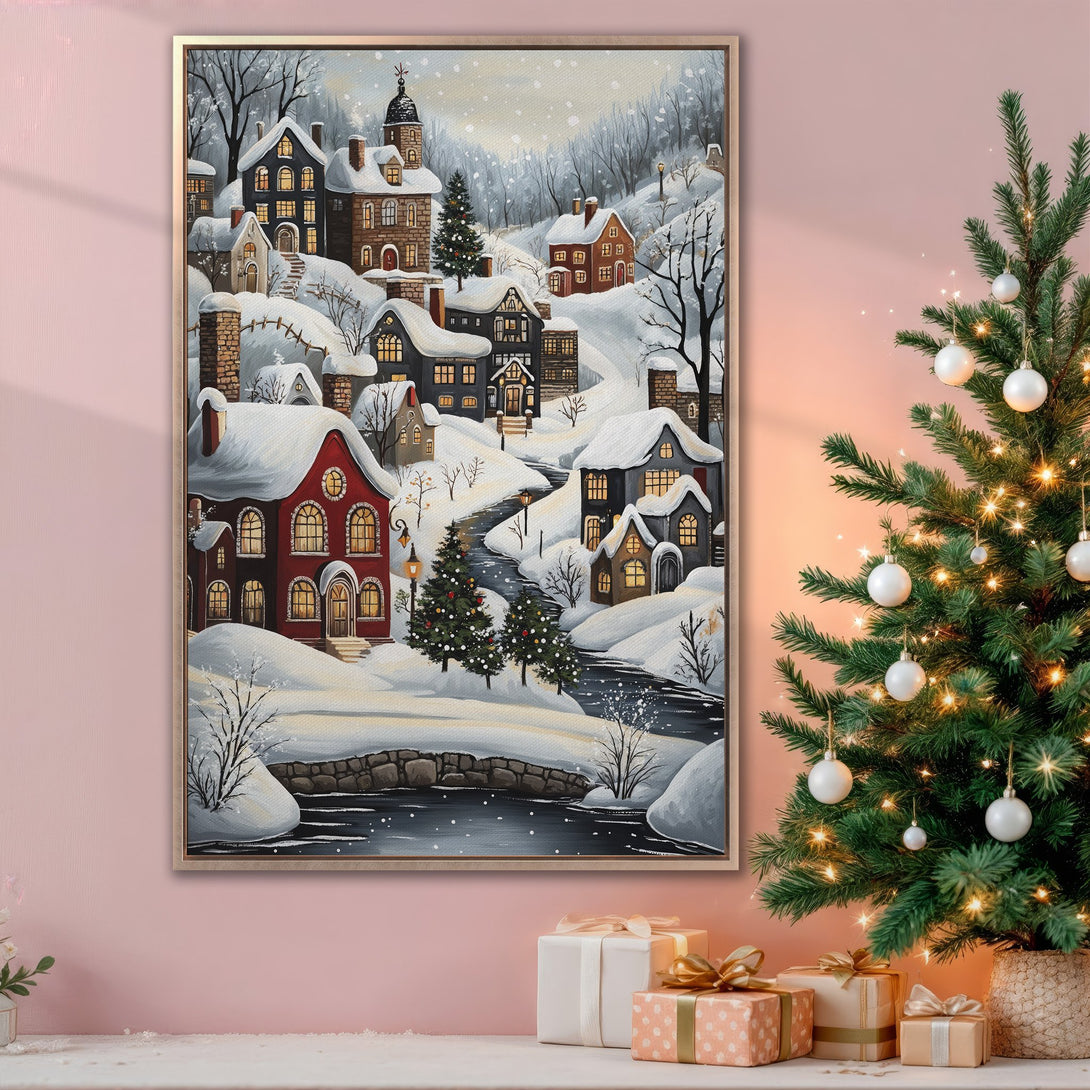 Framed Wall Art featuring a cozy winter village scene in a painterly style. Warm reds, browns, and blues create a festive holiday atmosphere. Perfect Christmas decor!