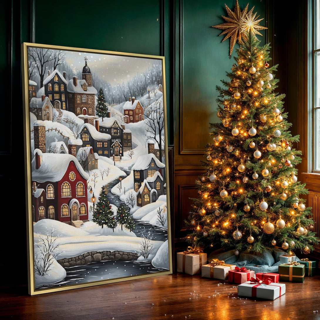 Canvas Print of a charming winter village scene. Warm, inviting colors and a cozy, illustrative style. Perfect for holiday decor!