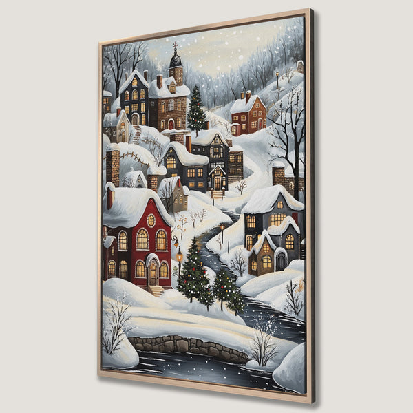 Framed Wall Art: Cozy winter village scene Canvas Print. Charming illustration with snow-covered houses, warm lights, and a cool, calming color palette. Perfect holiday decor!