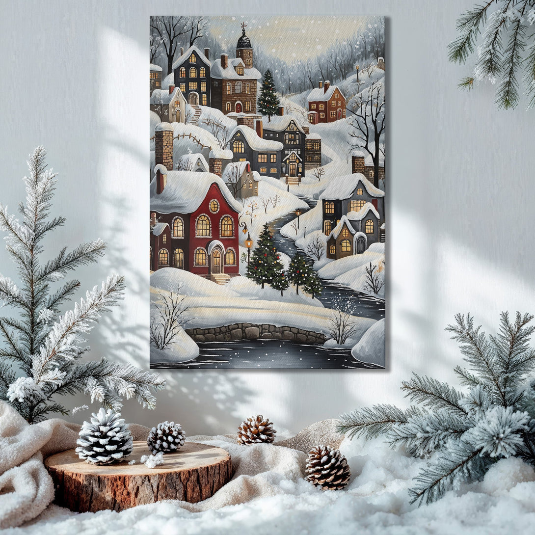 Framed Wall Art: Winter village scene in a cozy interior. Warm, inviting colors with a touch of holiday cheer. Perfect Christmas decor!