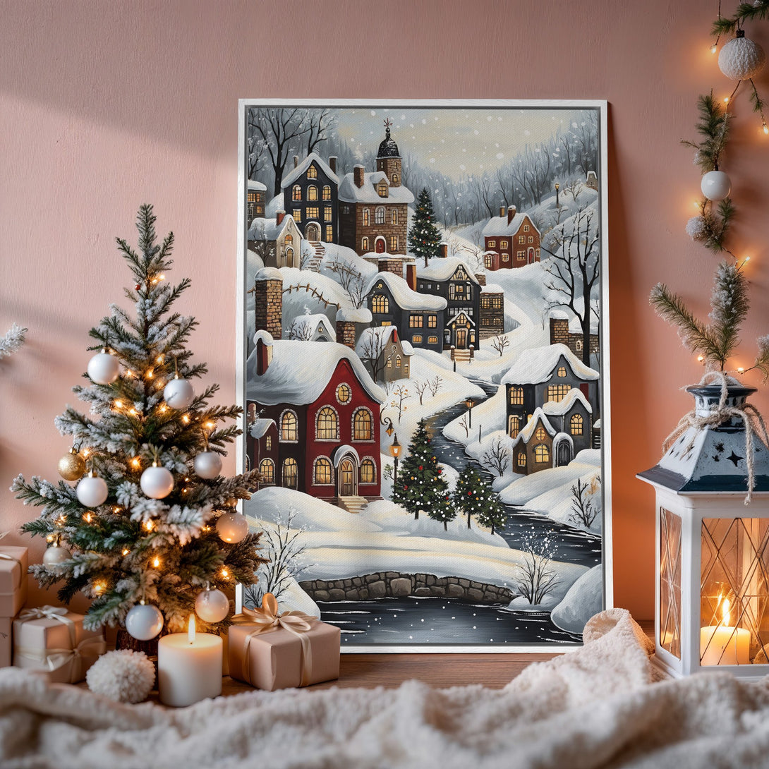 Framed Wall Art: Winter village scene canvas print with a cozy, warm color palette. Perfect holiday decor for your home!