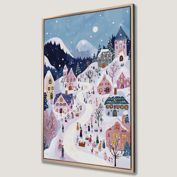 Framed Wall Art: Whimsical winter village scene Canvas Print in pastel pinks, blues, and greens. Perfect for adding cozy charm to your home decor.