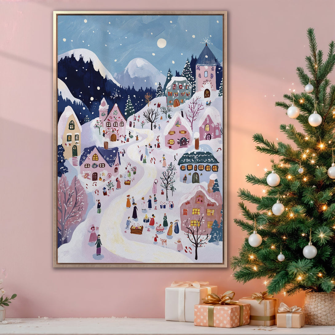 Framed Wall Art: Whimsical winter village scene in pastel pinks, blues, and whites. Perfect holiday decor! Canvas Print adds cozy charm to any space.