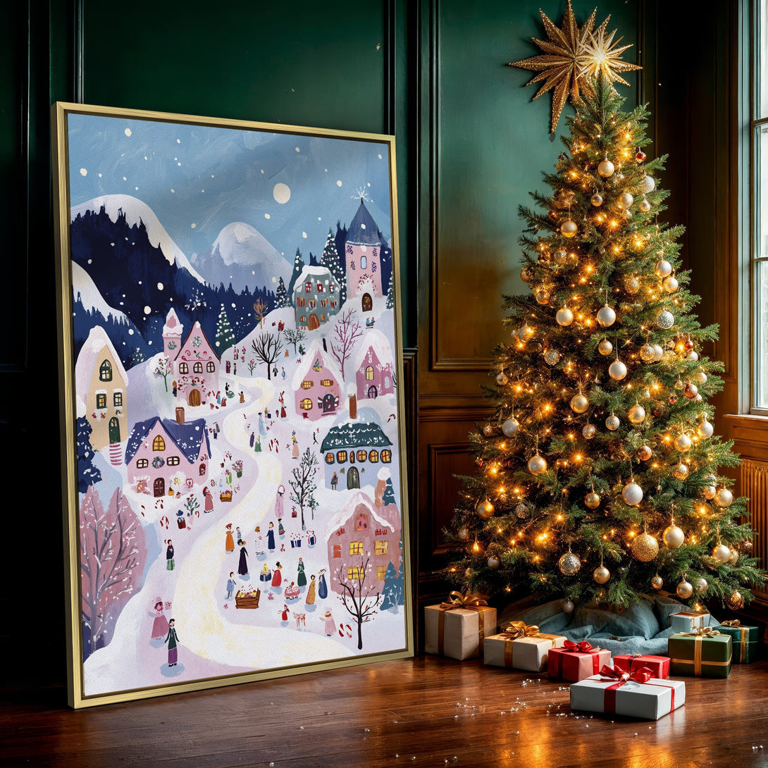 Canvas Print of a whimsical winter village scene in a soft, pastel color palette. Perfect holiday wall art for a cozy, festive touch.
