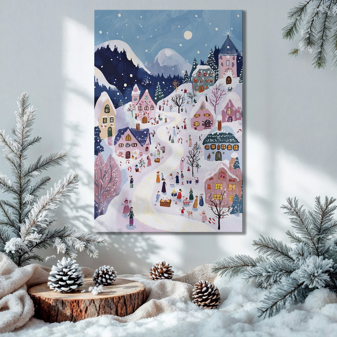Framed Wall Art: Winter village scene in a whimsical style with a soft blue, pink, and white color palette. Perfect holiday decor!